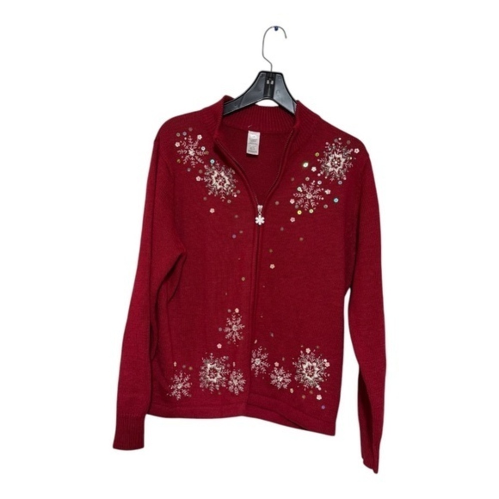 Avon Womens Red Cardigan Sweater Embroidered Christmas Sequin Size Large